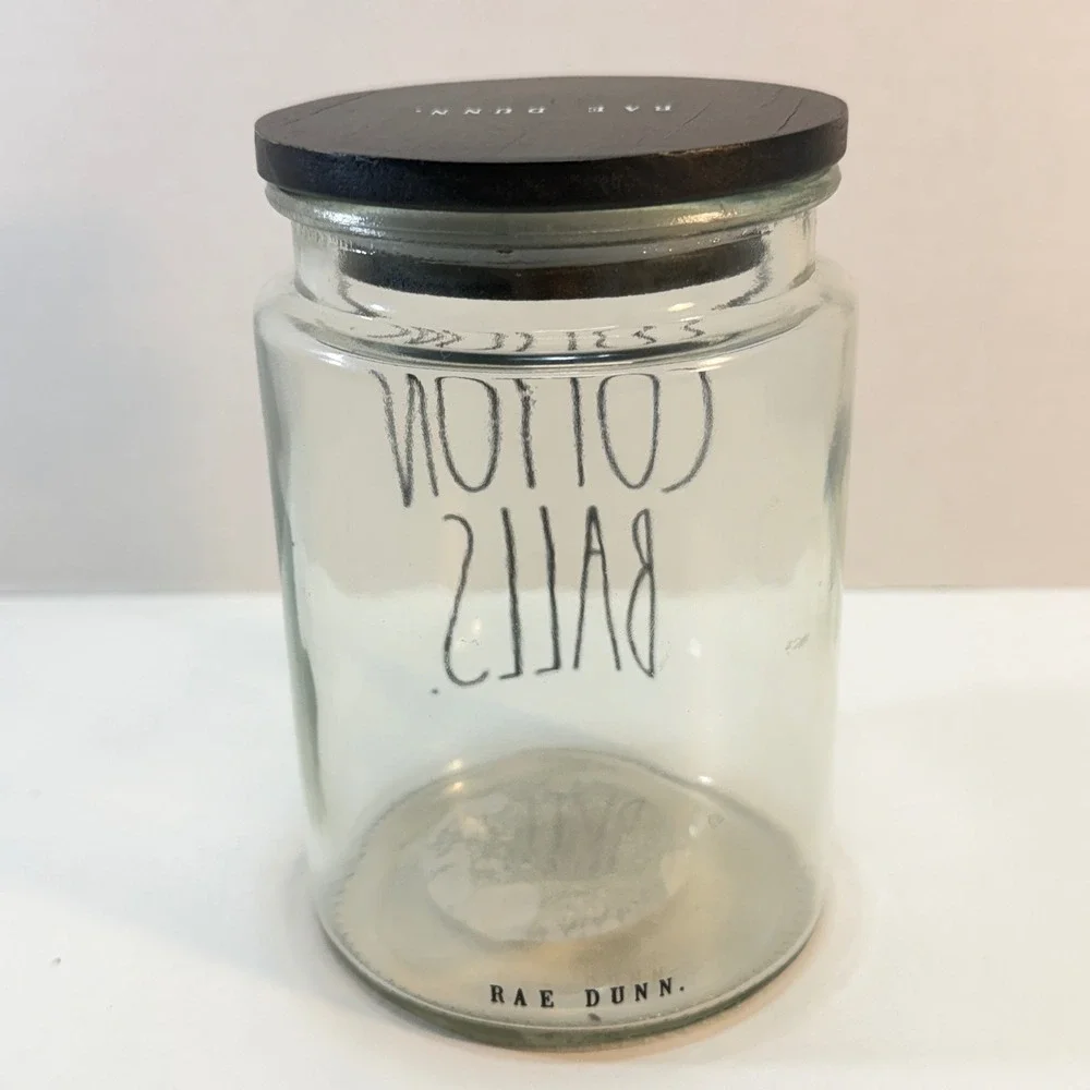 Rae Dunn‎ Cotton Balls Jar Bathroom Organizer Clear Glass Wood Lid Minimalist